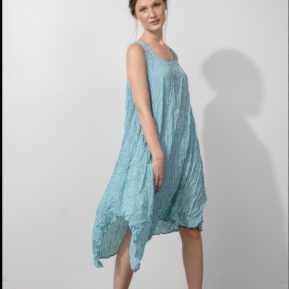 Liv by Habitat Clothes Dresses & Skirts - Liv By Habitat Teal Striped Crinkle Asymmetrical‎ Dress Women S Lagenlook Artsy